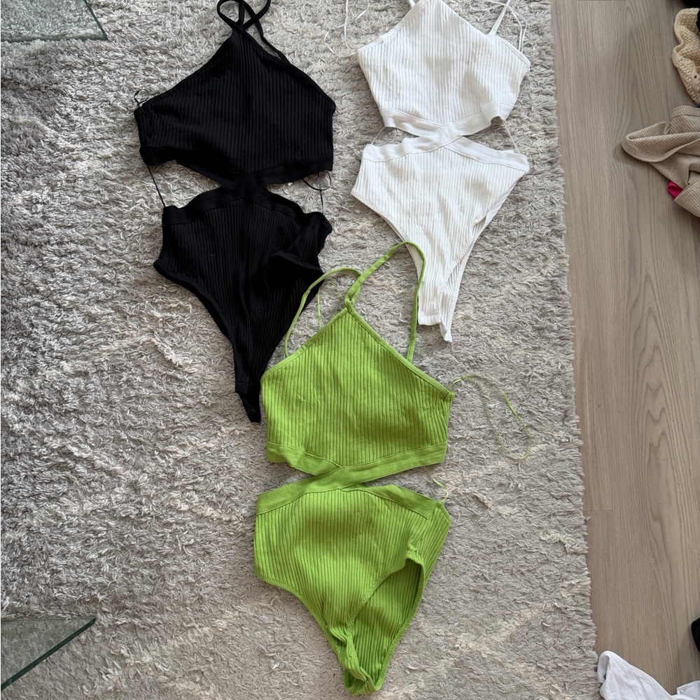 Zara Ribbed Cutout 3 Bodysuits Black, White, Lime Green